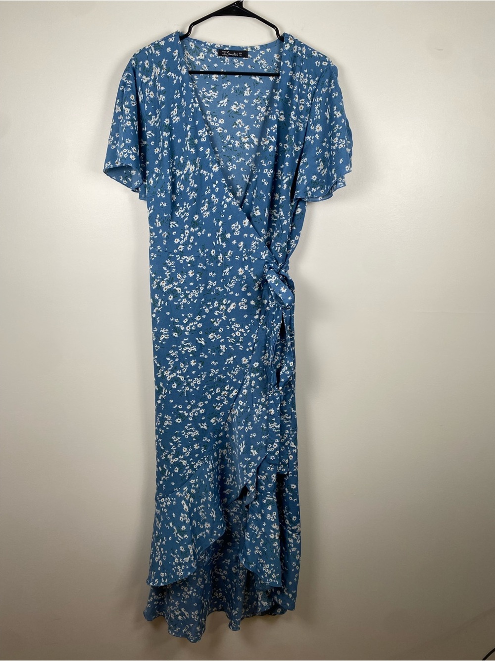 Simplee Blue Floral Wrap Midi Dress with Ruffle Detail